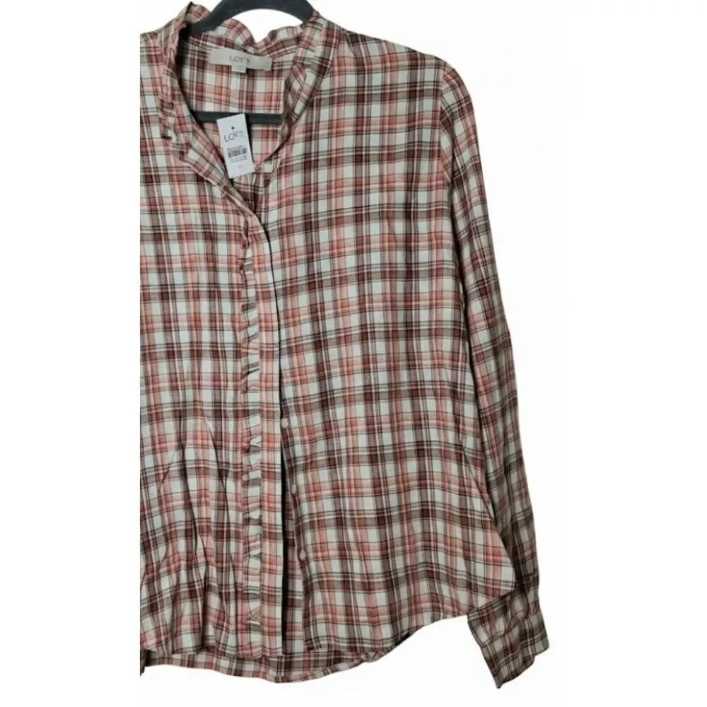 Ann Taylor womens xl tartan plaid shirt western cowboy rust coral peach blouse